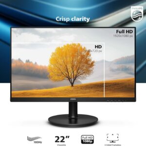 Philips 22 inch Class Thin Full HD (1920 x 1080) Monitor, 100Hz Refresh Rate, VESA, HDMI x1, VGA x1, LowBlue Mode, Adaptive Sync, 4 Year Advance Replacement...