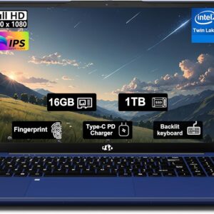 15.6" FHD IPS Student-Laptop Computer - 16GB RAM 1TB SSD, 4 Cores 13th Gen Intel N150(Beat to i3-1115G4, Up to 3.6GHz), 65W GaN Type-C, Fingerprint,...