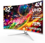 CRUA 32″ White Curved Monitor, 4K UHD(3840*2160P) 1500R VA Screen, 75Hz Computer Monitor Supports AMD Freesync, 120% sRGB, Built-in speakers, Blue Light Filter,Wall Mountable Installs(HDMI 2.0/DP 1.4)