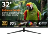 32 Inch 4K Monitor, UHD(3840 x 2160) Fast IPS Computer Monitor, 3000:1 Contrast, sRGB 120%, Blue Light Filter, Free-Sync, Eye Care Screen with HDMI, DisplayPort for Home and Office, VESA(100x100mm)